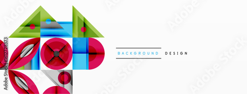Abstract geometric shapes, vibrant colors, modern design elements. Clean composition suitable for backgrounds, presentations.