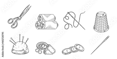 Sewing Tools Hand Drawn Ink Sketch Vector Set Illustration