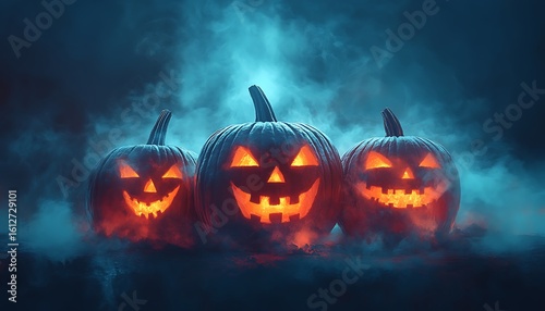 Three glowing jack o lanterns with carved faces in dark blue fog halloween pumpkin