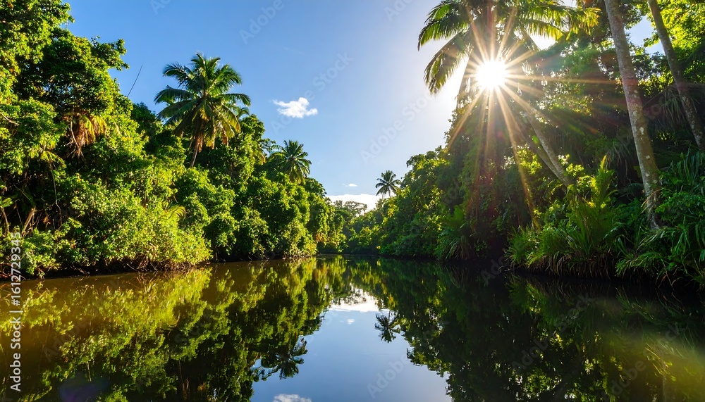 Obraz premium Calm river reflects lush, sun-drenched tropical foliage