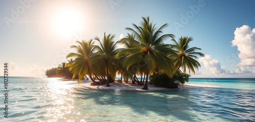 Fototapeta Naklejka Na Ścianę i Meble -  Sun-drenched Caribbean beach, turquoise water, palm trees swaying in the hot summer breeze,  caribbean, tropical beach