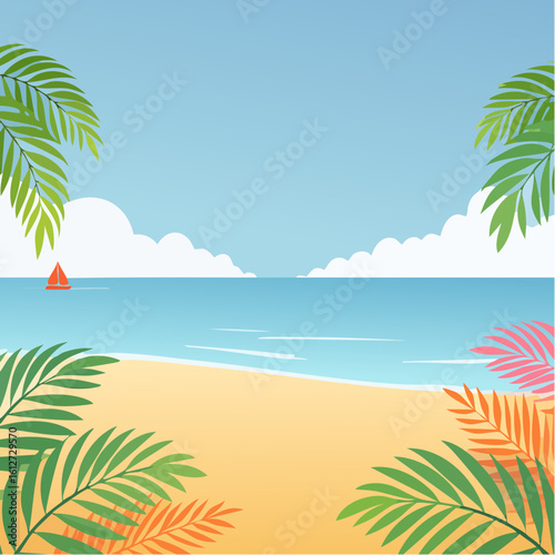 Exotic Summer Themed Tropical Background with Artistic Palm Leaves and Floral Motifs in a Bright, Abstract Style Suitable for Wall Coverings, Fashion, and Creative Projects
