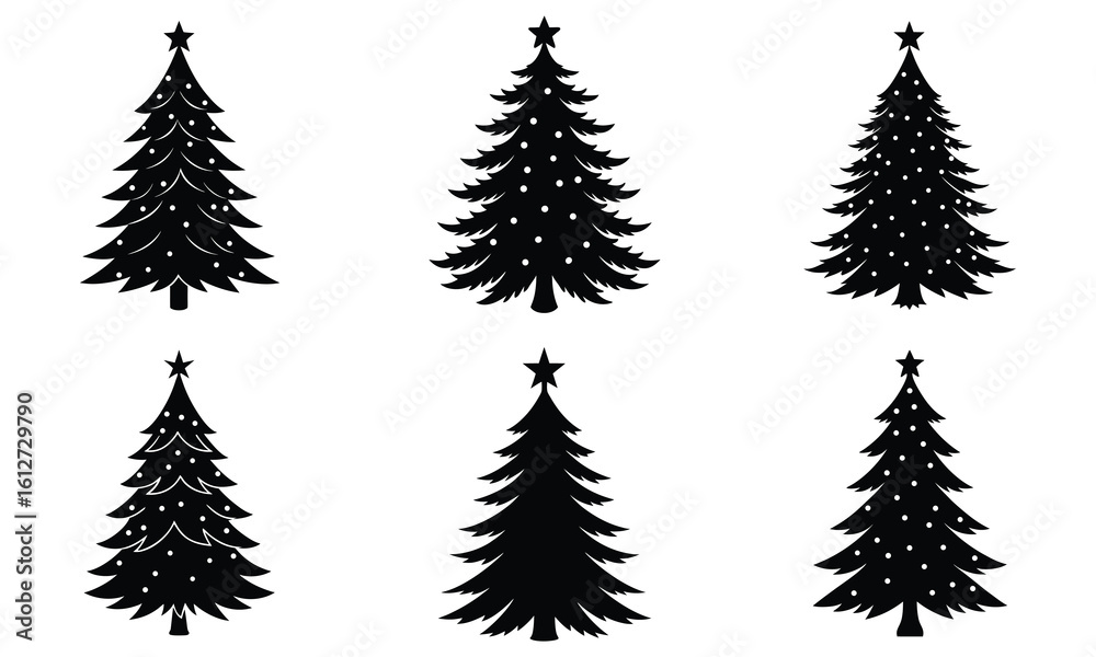 Obraz premium Six Unique Silhouettes of Christmas Trees Perfect for Holiday Crafting, Decoration, and Design 