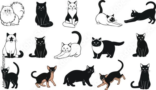 Create a kinds of cute cat vector art silhouette with white background.