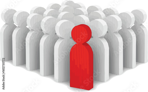 Create a kinds of Selection process concept with wooden figures. A red figure is selected among similar white figures, symbolizing recruitment or a unique choice. vector art with white background.