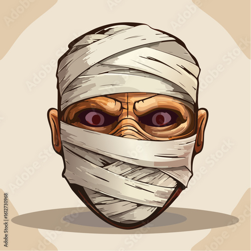 Detailed mummified face mask with realistic texture and tightly wrapped gauze layers, ideal for historical reenactments, horror costumes, or eerie decorations.
