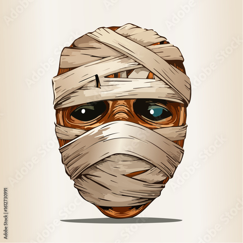 Authentic mummified face mask featuring layered gauze and ancient wrappings, perfect for historic costumes, Halloween, or themed haunted attractions.
