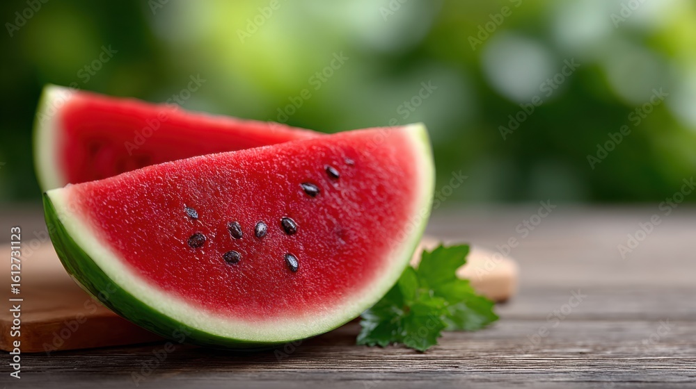 A slice of watermelon is on a wooden cutting board A slice of watermelon is on a wooden cutting board