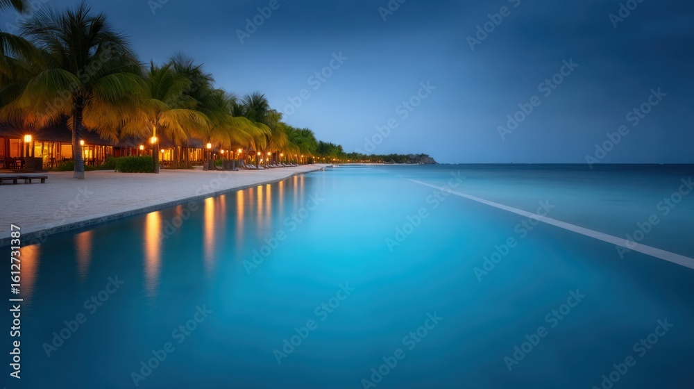Fototapeta premium A beautiful beach with a pool and palm trees