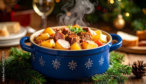 Hearty stew steaming in a blue pot. Festive Christmas ambiance