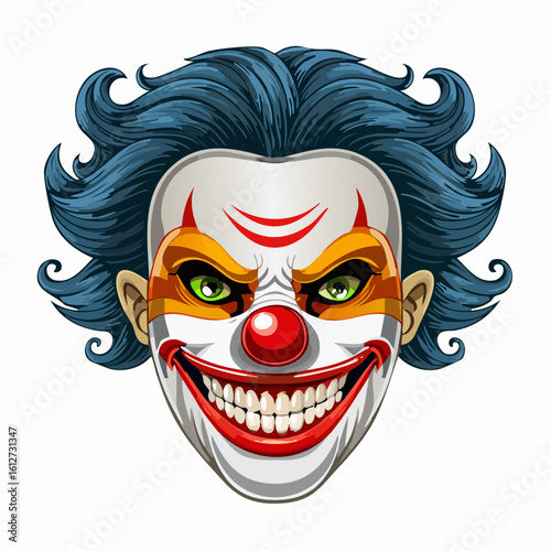 Disturbing creepy clown mask resembling a terrifying horror clown, with exaggerated facial details and malicious grin, designed to evoke fear and shock in horror enthusiasts.

