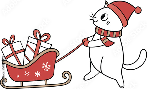 Cartoon illustration of Santa Claus riding a sleigh with reindeer through a winter wonderland, with a funny dog and a snowman on the snow, bringing holiday fun