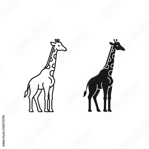 A Giraffe Icon Showing Black Outline and Flat Filled Version