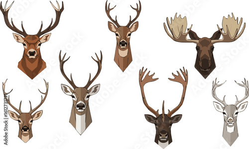 Create a kinds of deferent dear head vector art with white background.