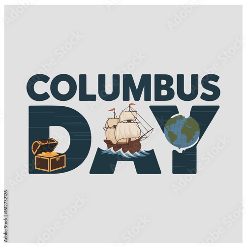 Columbus Day Illustration with Globe, Sailing Ship, and Explorer Statue – Patriotic Commemoration Graphic
