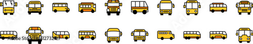 Bundle of Filled Color Icons of Orange Bus. Minimalistic Linear Pictogram for Web and Graphic Design, Apps, Banners, Social Network and Cards