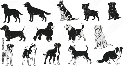 Create a kinds of deferent dog vector art silhouette with white background.
