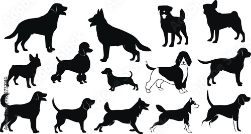 Create a kinds of deferent dog vector art silhouette with white background.