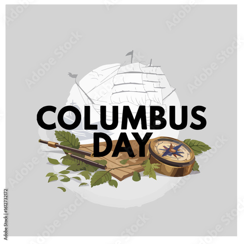 Columbus Day Illustration with Globe, Sailing Ship, and Explorer Statue – Patriotic Commemoration Graphic
