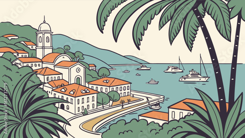 Coastal italian village illustration with palm trees and boats in the mediterranean sea landscape art