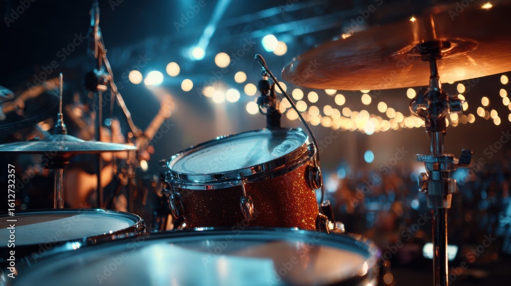 Naklejka premium Close-up of a drum set during an energetic concert, showcasing shiny cymbals and vibrant lights. The audience can be seen enjoying the music in the background.