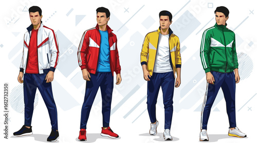 Create a kinds of deferent Four male models in various poses wearing sports jackets and trousers in white, red, yellow, and green, against vector art with white background.