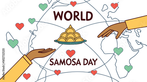 World Samosa Day Vector Art – Crispy Golden Samosa with Mint & Tamarind Chutney for Global Food Celebration – Appetizing Flat Illustration