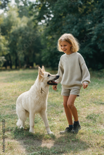 cheerful child and playful dog are engaged in lively morning exercise routine on grass