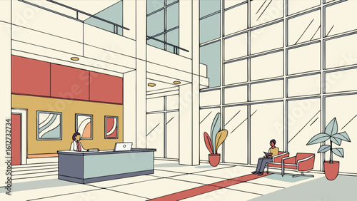Illustration of modern office lobby interior design with reception and waiting area seating space