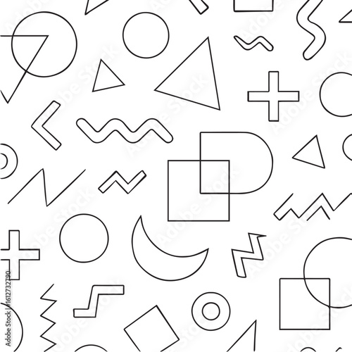 Retro memphis style geometric pattern with abstract shapes isolated on white background