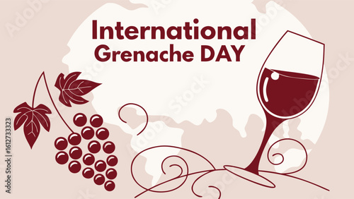 International Grenache Day Vector Art – Elegant Wine Glass with Ruby Grenache & Global Vineyard Map – Sophisticated Wine Celebration