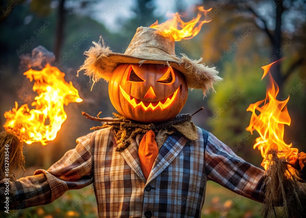 Naklejka premium Spooky jack o lantern scarecrow with flaming hands stands guard in a dark forest at night