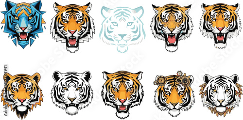 Create a kinds of deferent tiger head vector art color with white background.