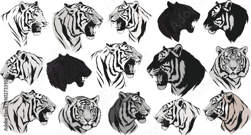 Create a kinds of deferent tiger head vector art silhouette with white background.