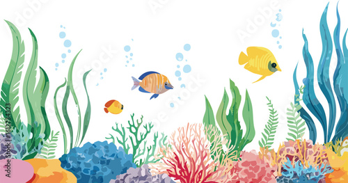 Watercolor seabed landscape with delicate seaweeds, plants, coral reef, sea sponges and small fishes. Panoramic hand drawn marine border for your design wallpaper, background, horizontal, illustration