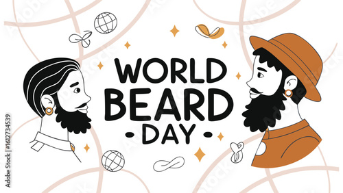 World Beard Day Vector Art – Diverse Beard & Mustache Styles with Global Celebration Theme – Festive, Inclusive Flat Illustration