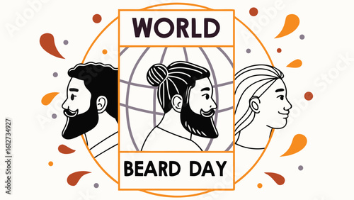 Diverse Vector Collage of Bearded Faces with Festive Globe for World Beard Day Celebration

