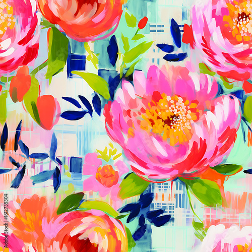 floral artwork with loose, impressionistic brushstrokes in blush, coral, butter yellow, and cream blooms against soft teal and mint accents. Perfect for fabric prints, wallpaper, stationery, packaging