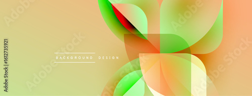 Abstract geometric shapes overlap, creating vibrant color gradients. Soft yellow background complements dynamic design elements.