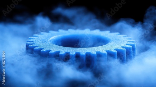 Cryogenically frozen blue gear.  Industrial, cold, mechanical