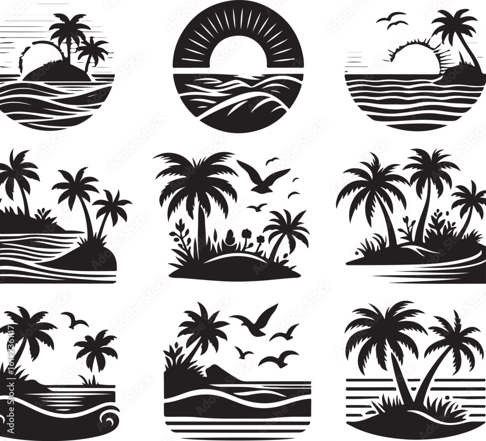 Fototapeta premium Tropical island icon set with palm trees beach and summer elements