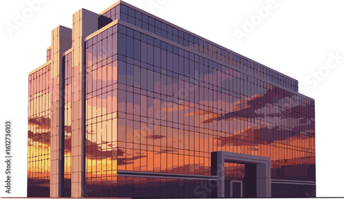 Create a Modern office building with glass façade reflecting sunset sky. Corporate exterior design, large windows, commercial property in urban downtown area. Construction, business work,  vector art.