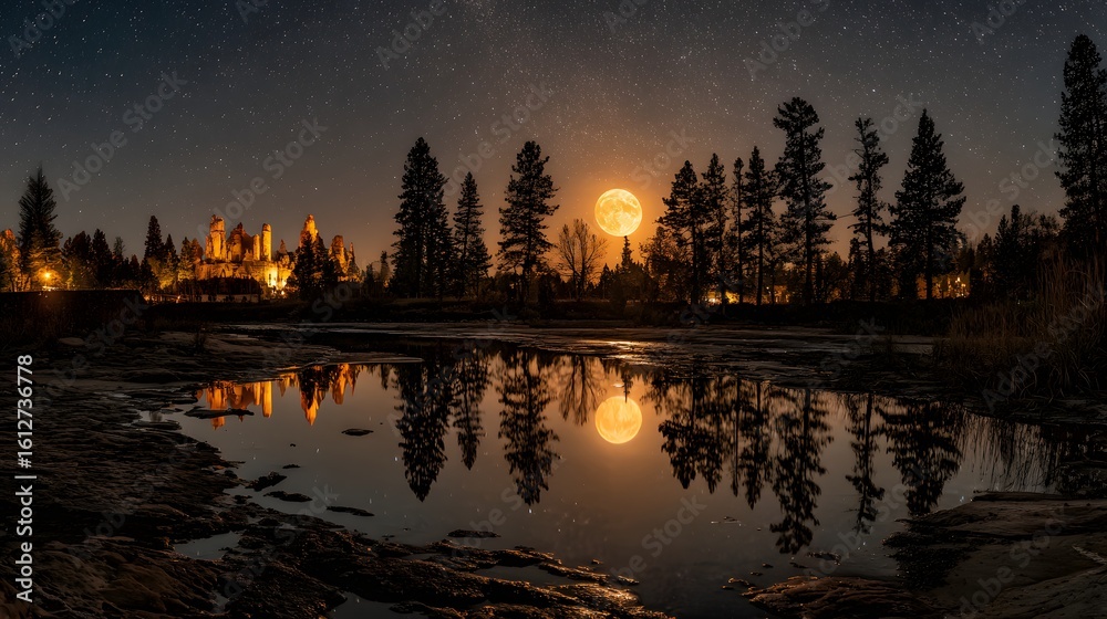 Naklejka premium Illuminated castle reflected in a tranquil night river, moonlit sky.
