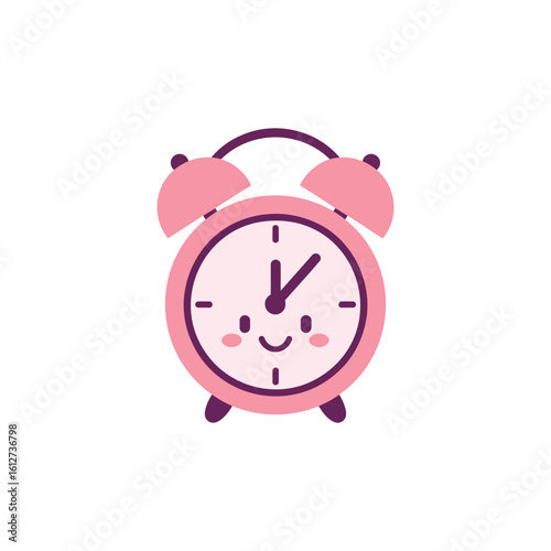 A cute pink alarm clock with a smiling face.