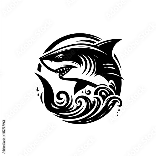 A shark in waves on white background