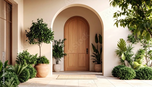 Elegant arched doorway with wooden door and lush potted plants in neutral tones