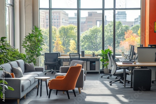 A modern co working space designed for networking, with stylish furniture, collaborative workstations, indoor plants, and a large glass window offering a scenic cityscape view.