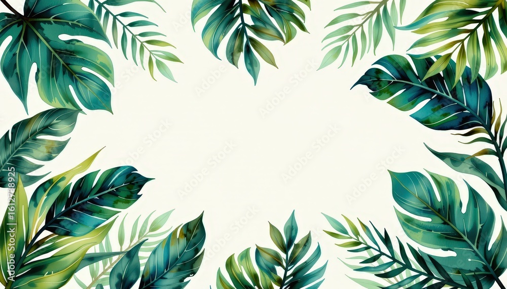 Obraz premium watercolor botanical frame of tropical leaves including monstera, palm