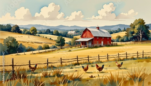 vintage style watercolor painting of a countryside farm with rolling hills, red barn