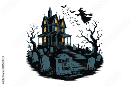 haunted house witch bats halloween scene clip art preview